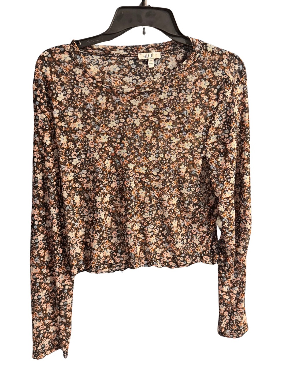 Women’s plus size long sleeve cropped floral mesh top